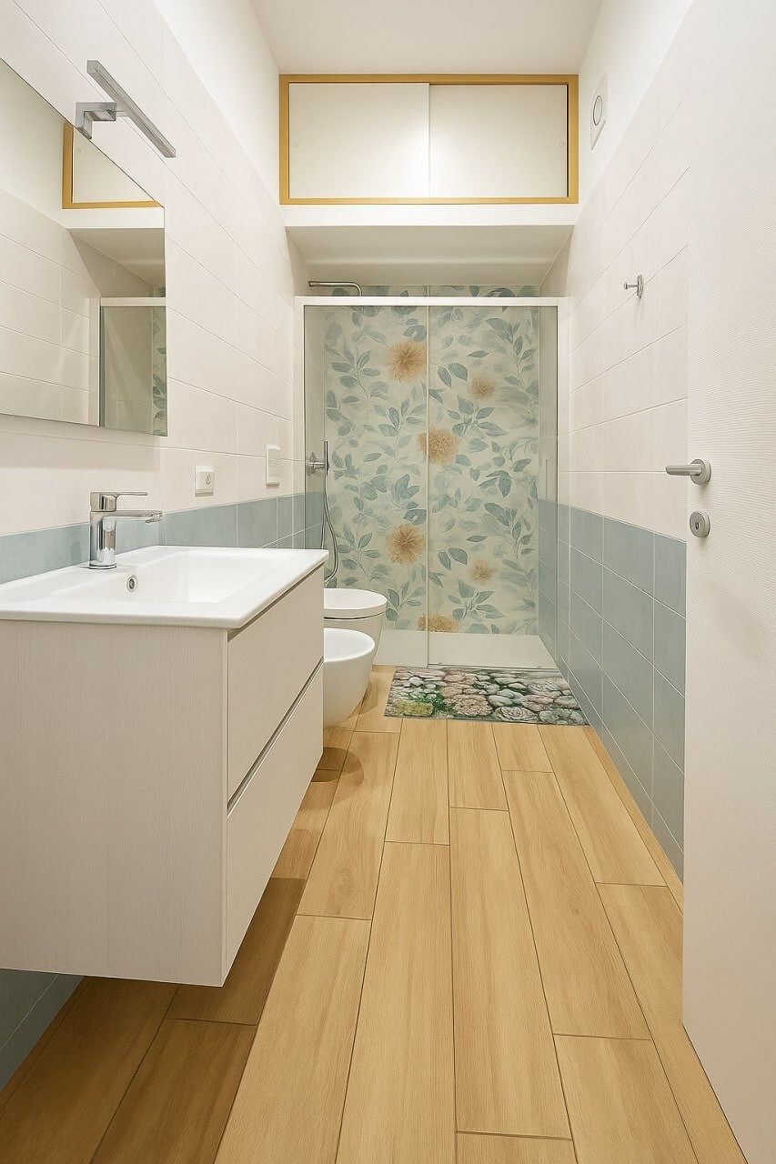 Bathroom with large walk-in shower and floral tiles